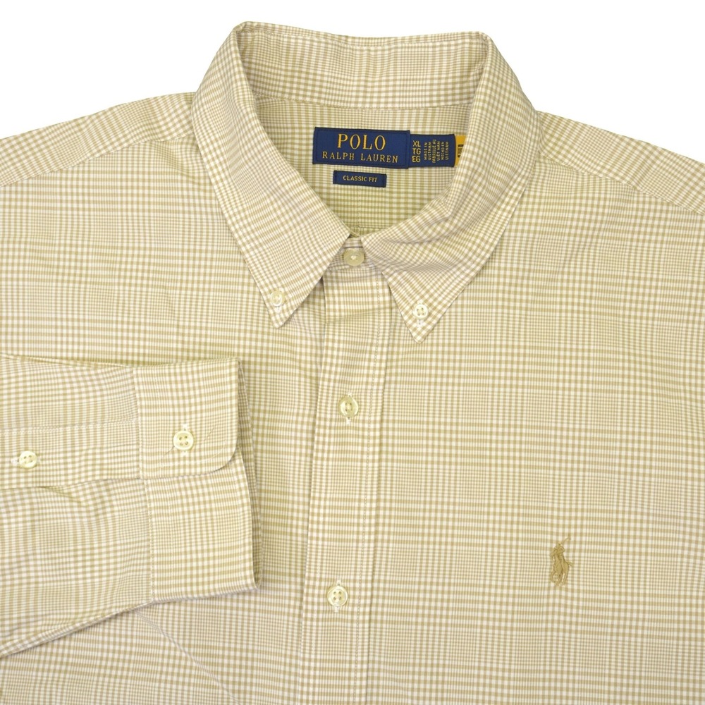 Polo Ralph Lauren Button Down Men XL Tan Gingham Classic Fit Long Sleeve Pony